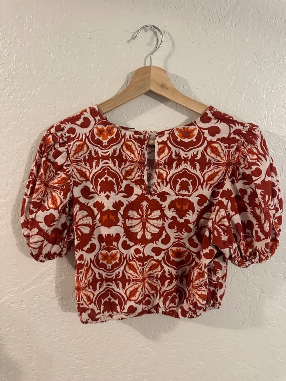 Rachel Zoe Linen Puff Sleeve Floral Boho Print Cropped Hippie Top - Picture 9 of 10
